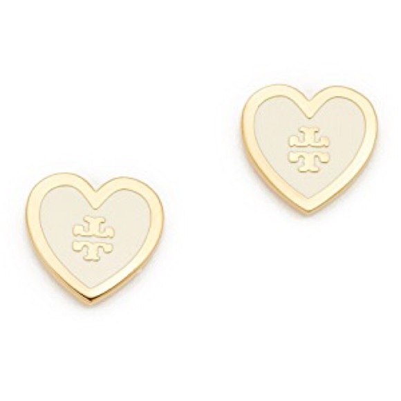 Tory Burch Jewelry - Tory Burch white heart lacquered logo earrings